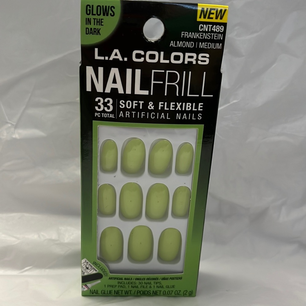 NIB LA Colors Nail Frill press on Glow in the Dark, Frankenstein, 33pc nail set